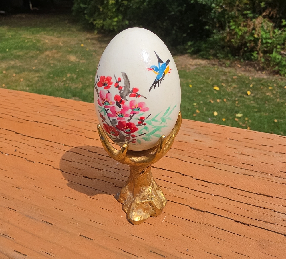 Vintage 1981 Chinese Hand Painted Egg Ornament w/ Gold Tone Branch Display Stand